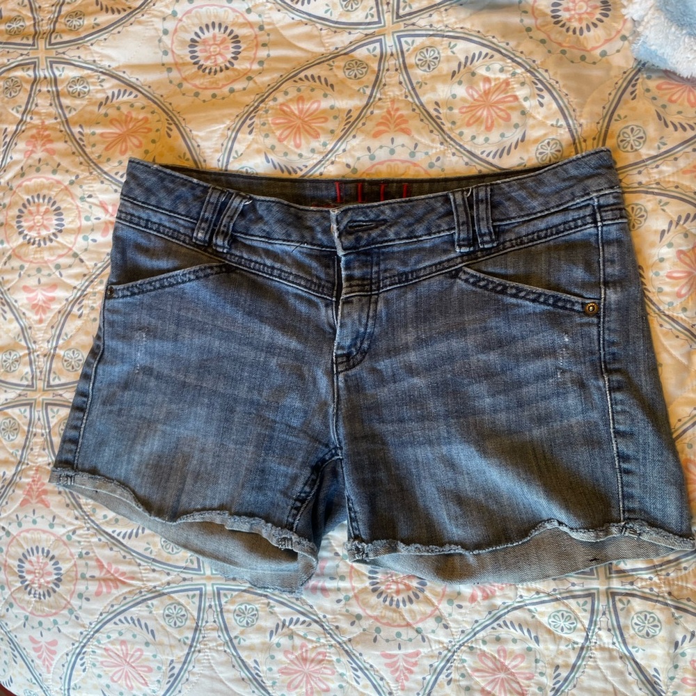 Elle Distressed Low-Rise Denim Shorts - Blue Wash